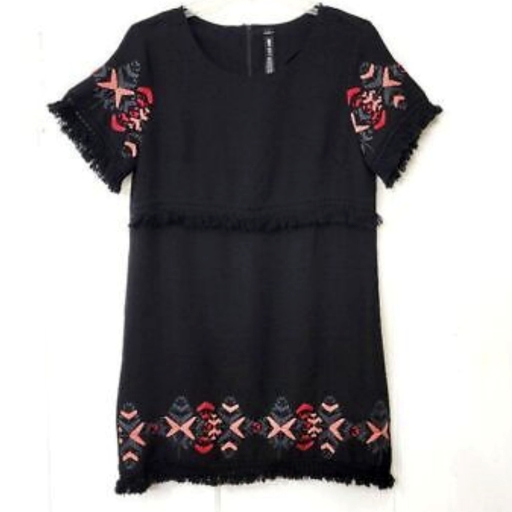 3/25$ Design Lab Black Embroidered Dress with Fringe Size Small